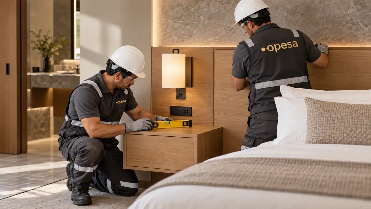 Técnicos de OPESA instalando el mobiliario de una habitación de hotel.