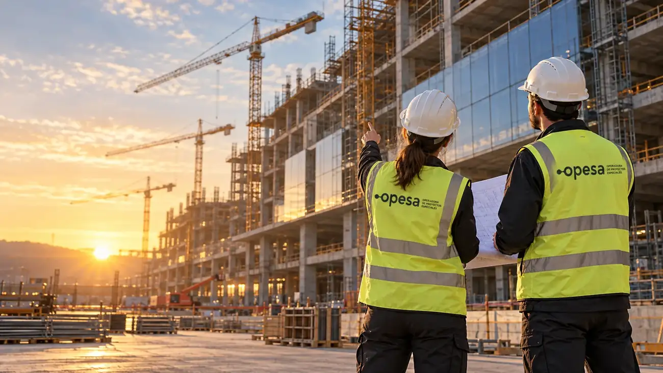 Dos supervisores de OPESA revisan planos frente a un edificio en construcción.