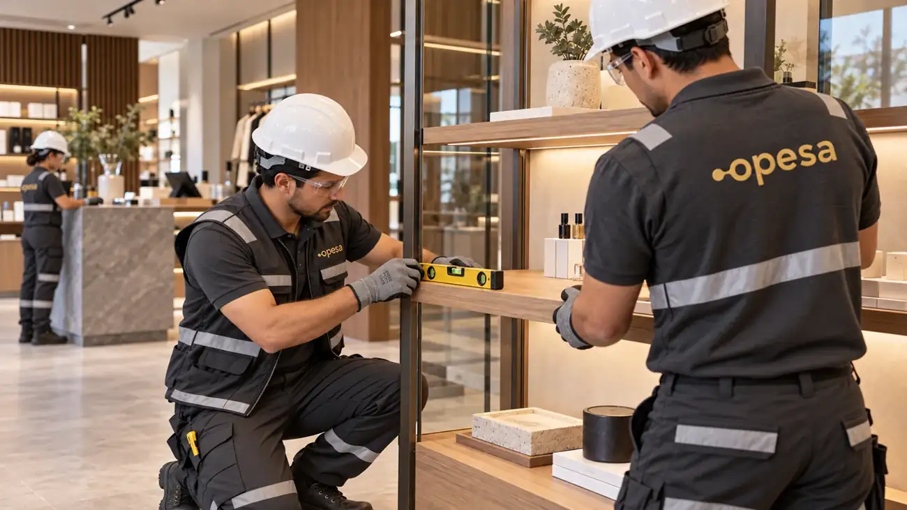 Equipo de OPESA nivelando repisas en un punto de venta.