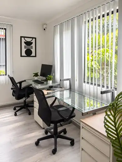 Área de trabajo con escritorios de cristal y vista al jardín