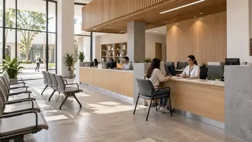 Área institucional de atención al público con mostradores y asientos de espera.