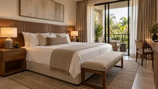 Habitación de hotel con mobiliario de madera, cama y textiles en tonos neutros.