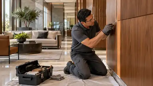 Técnico trabajando en la conservación de un panel de madera en un interior.