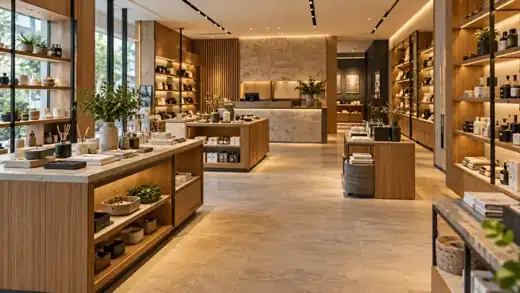 Local comercial con exhibidores modulares, estanterías iluminadas y mostrador.